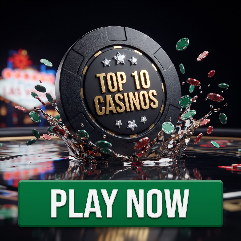 Top 10 casinos promotional graphic with a black poker chip and Play Now